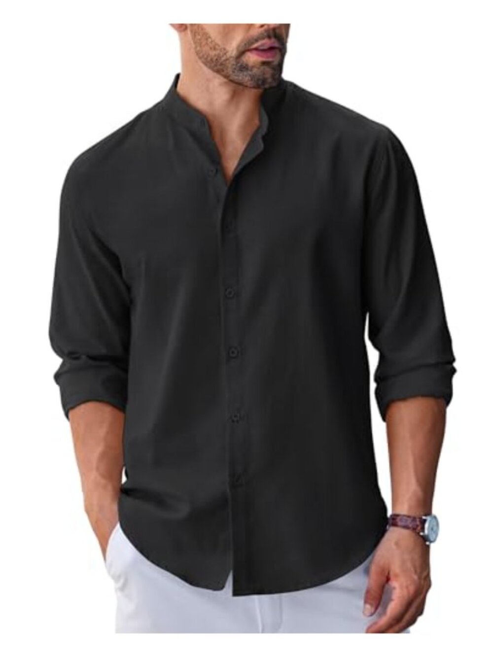 Men's Long Sleeve Oxford Button Down Shirt Band Collar Casual